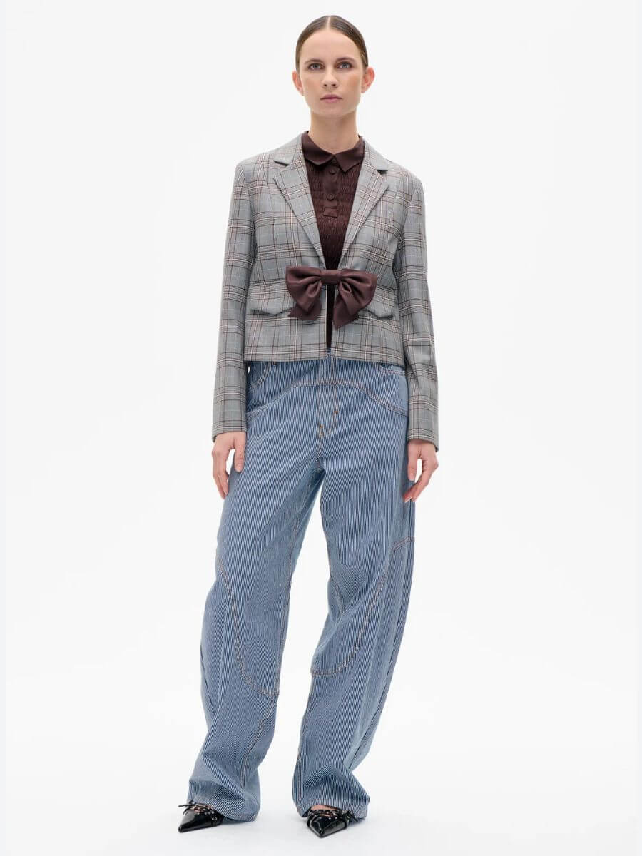 Baum Und Pferdgarten - Benni Jacket - Grey Mini Check styled with brown shirt, wide leg jeans and pointed black flats