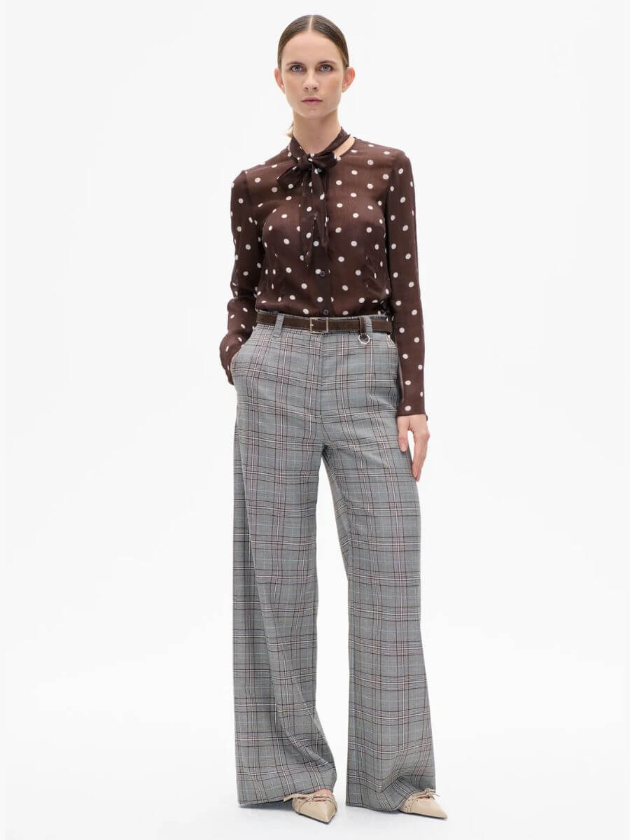 Baum Und Pferdgarten - Nikki Trousers - Grey Mini Check styled with brown polka dot shirt, brown belt and cream pointed toe heels