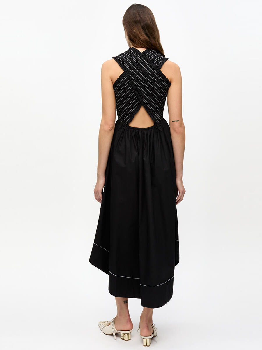 Black Washed Stretch Cotton Smock Midi Dress