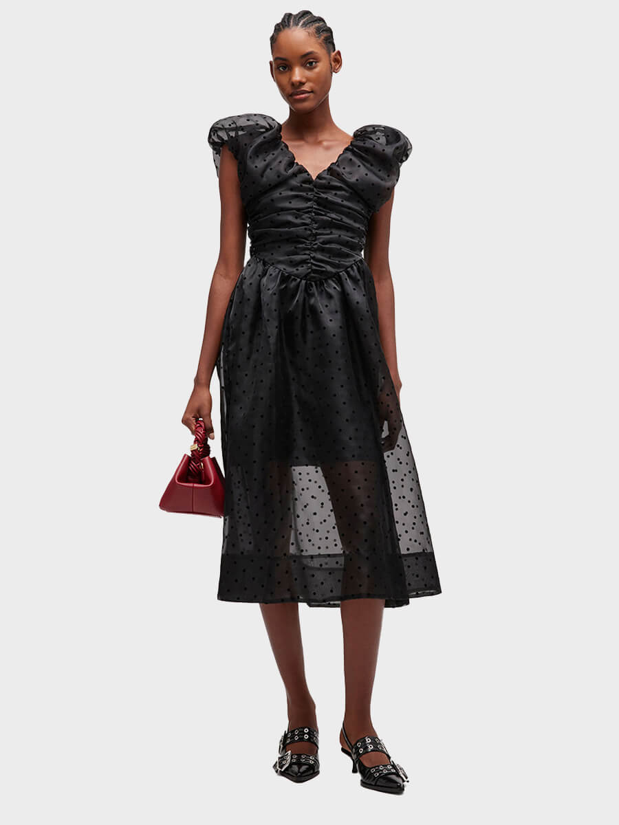Ganni Black Organza Ruched Dress