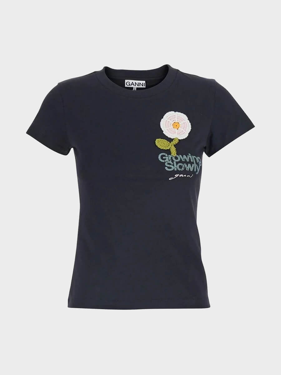 Ganni Cotton Jersey Baby Fit T-Shirt - With Crochet Patch
