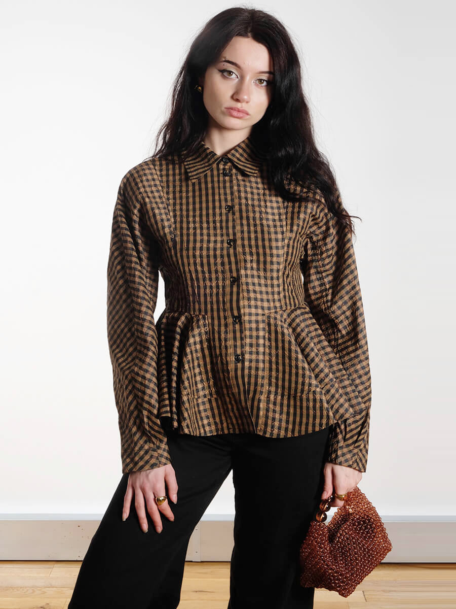 GANNI
Crinkled Check Peplum Shirt - Tobacco Brown