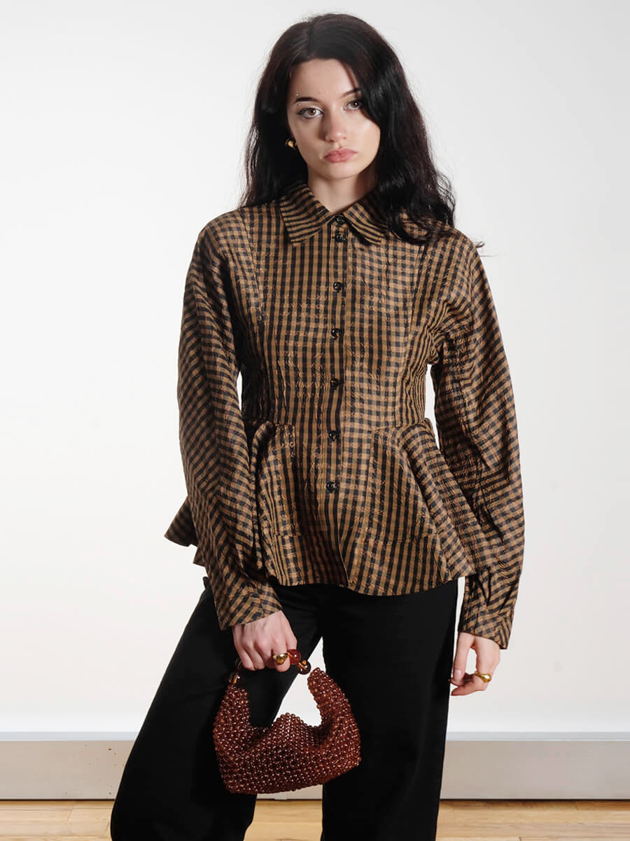 GANNI
Crinkled Check Peplum Shirt - Tobacco Brown