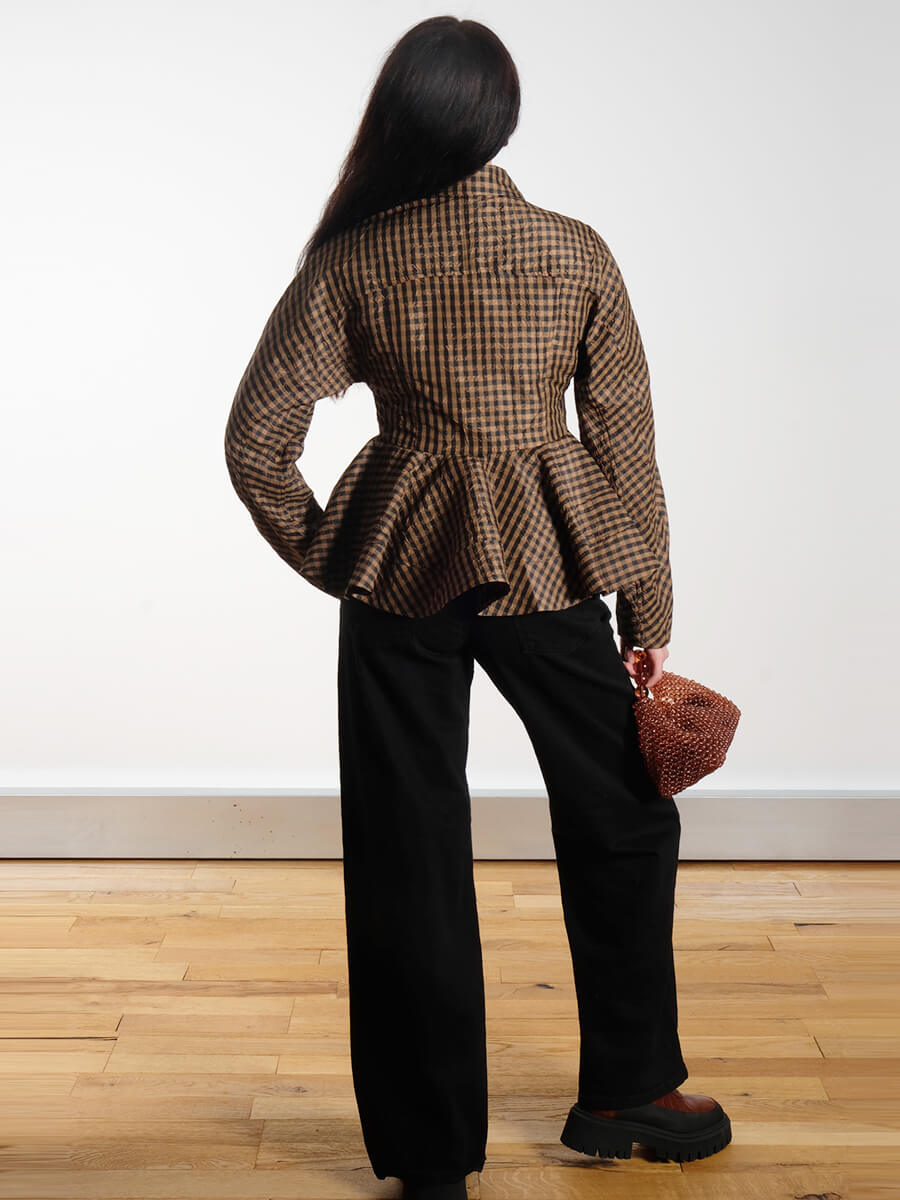 Ganni Crinkled Check Peplum Shirt - Tobacco Brown