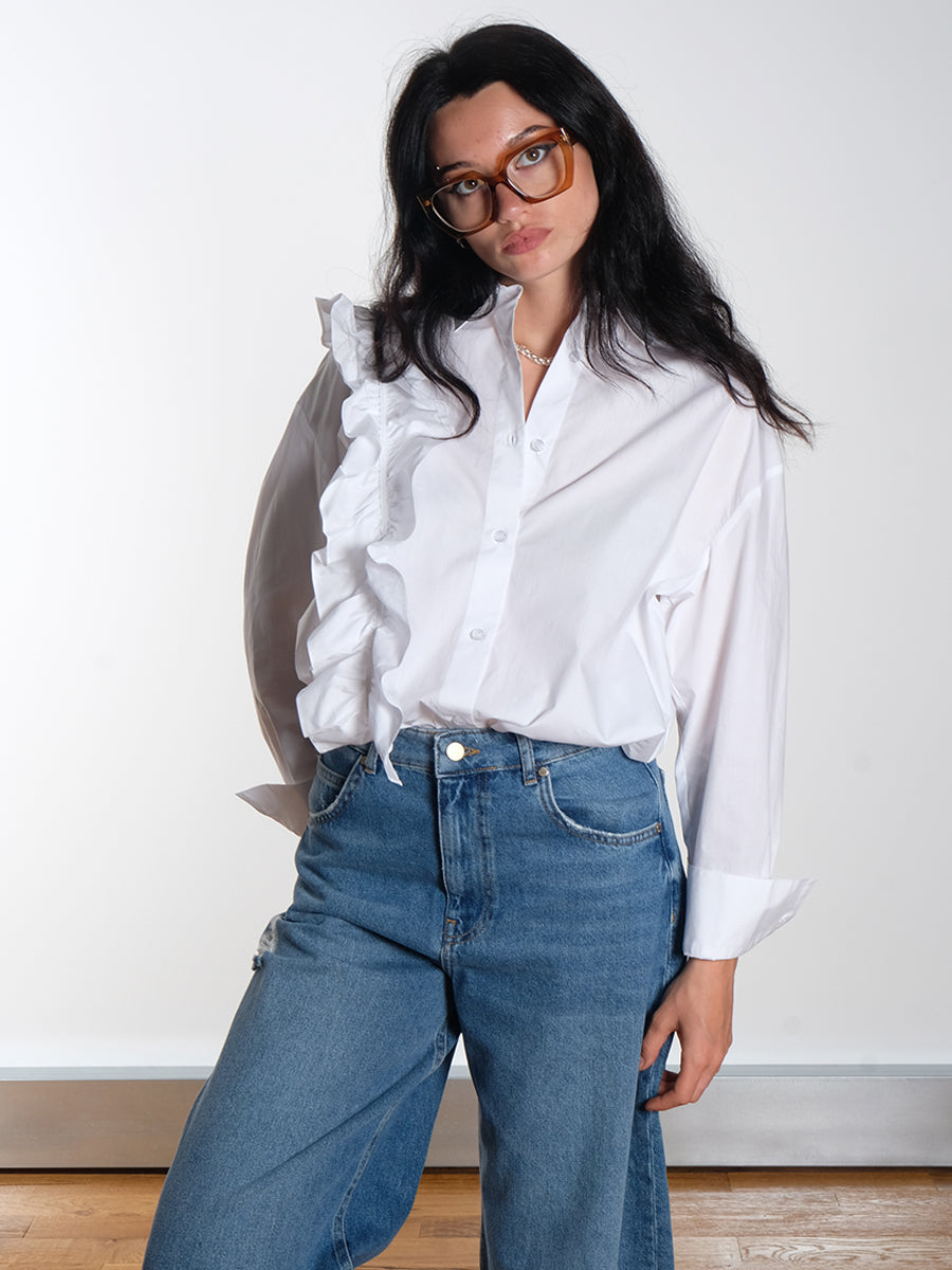 ESSENTIEL ANTWERP - Ibody Shirt - White- Interstellar Jeans - Blue
GANNI - Leopard Printed Denim Lace-Up Ballerinas