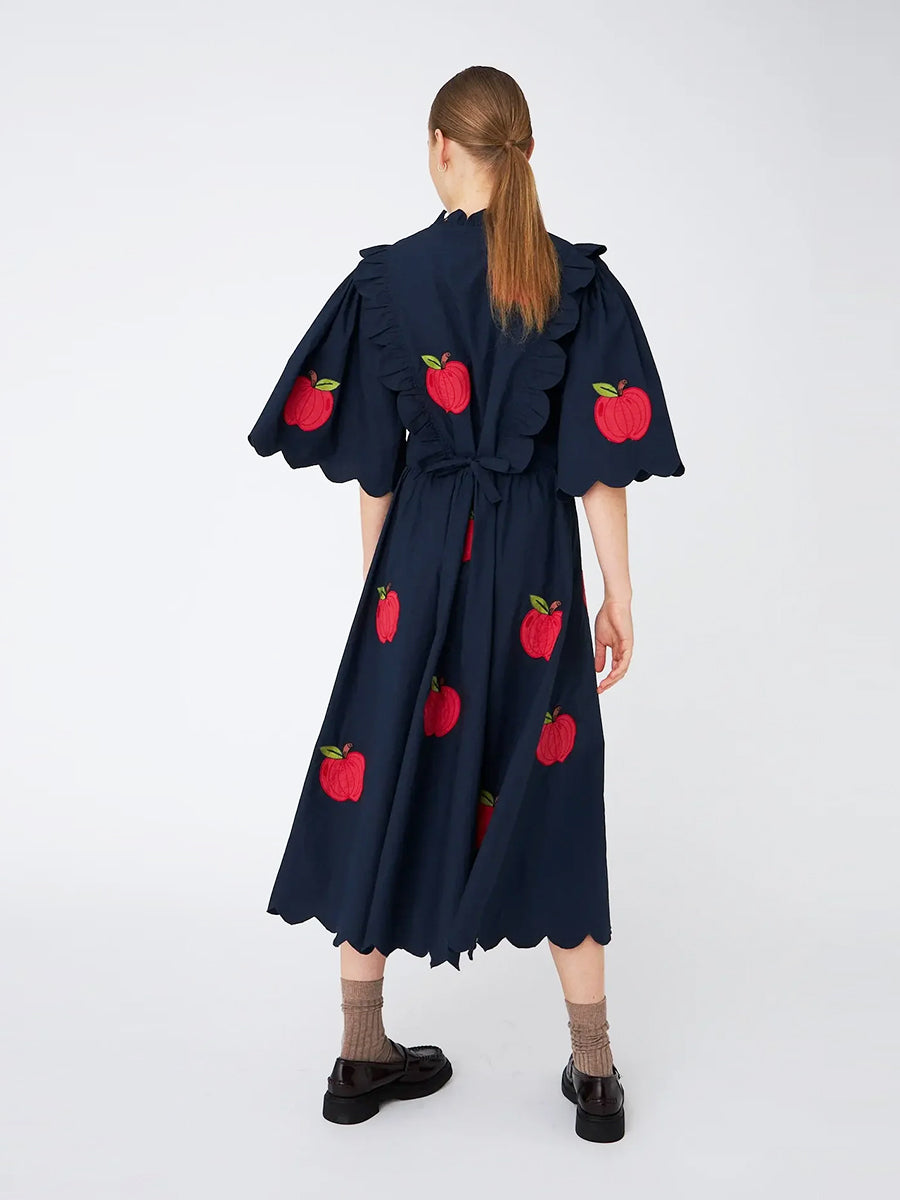 Embroidered Cotton Midi Dress - Navy