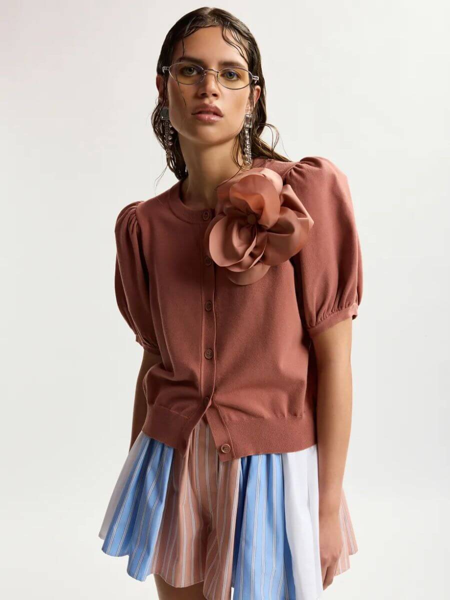 Essentiel Antwerp - Jumpo Cardigan - Terracotta styled with cotton skirt, dangle rhinestone earrings and narrow oval sunglasses