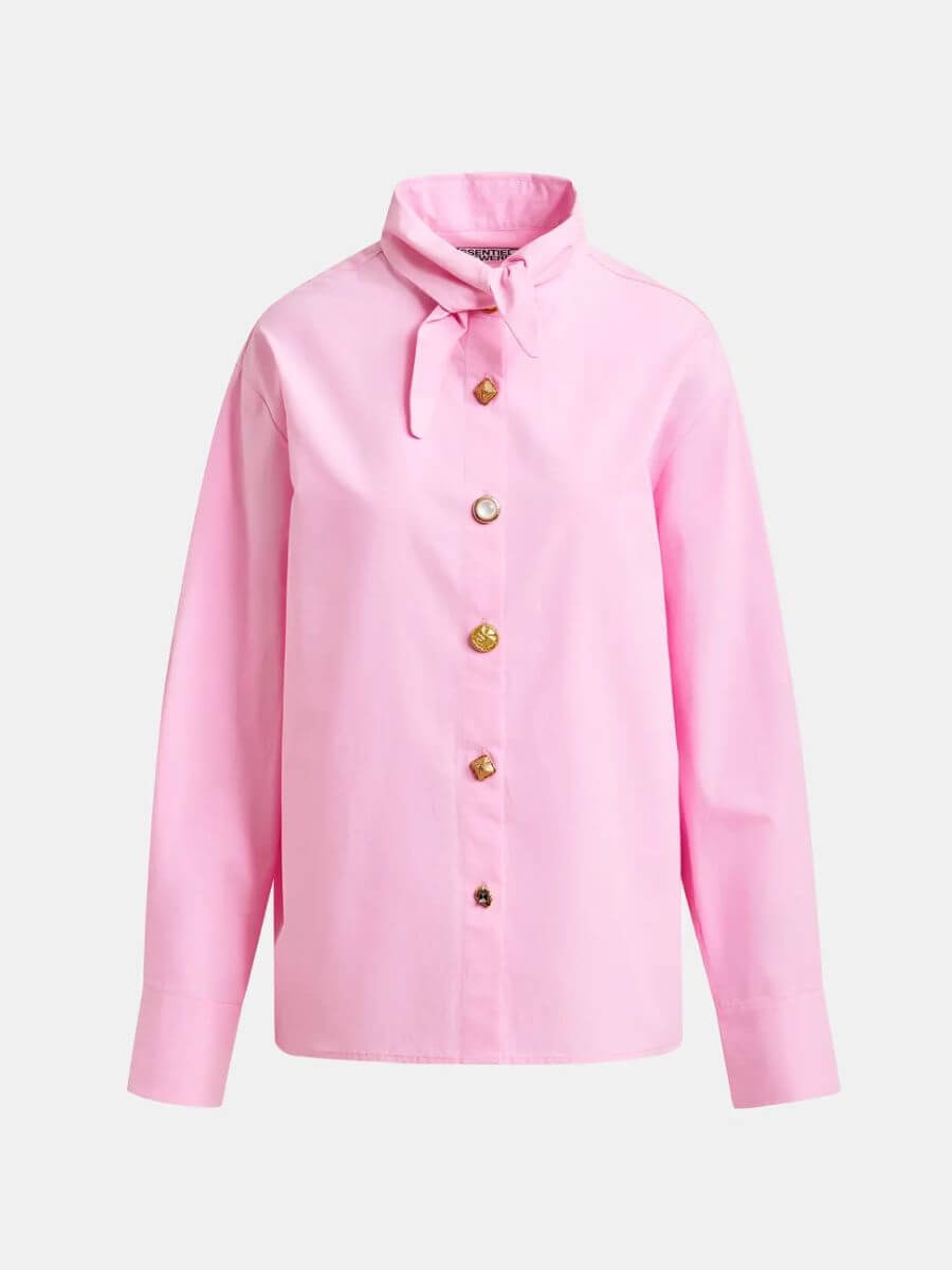 Essentiel Antwerp Jomato Shirt in Cotton Candy pink with collar tied as bow