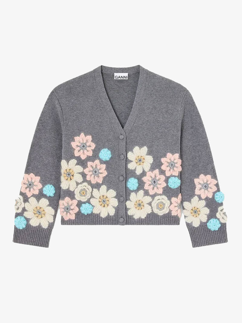 GANNI Cotton Cashmere Flower Cardigan