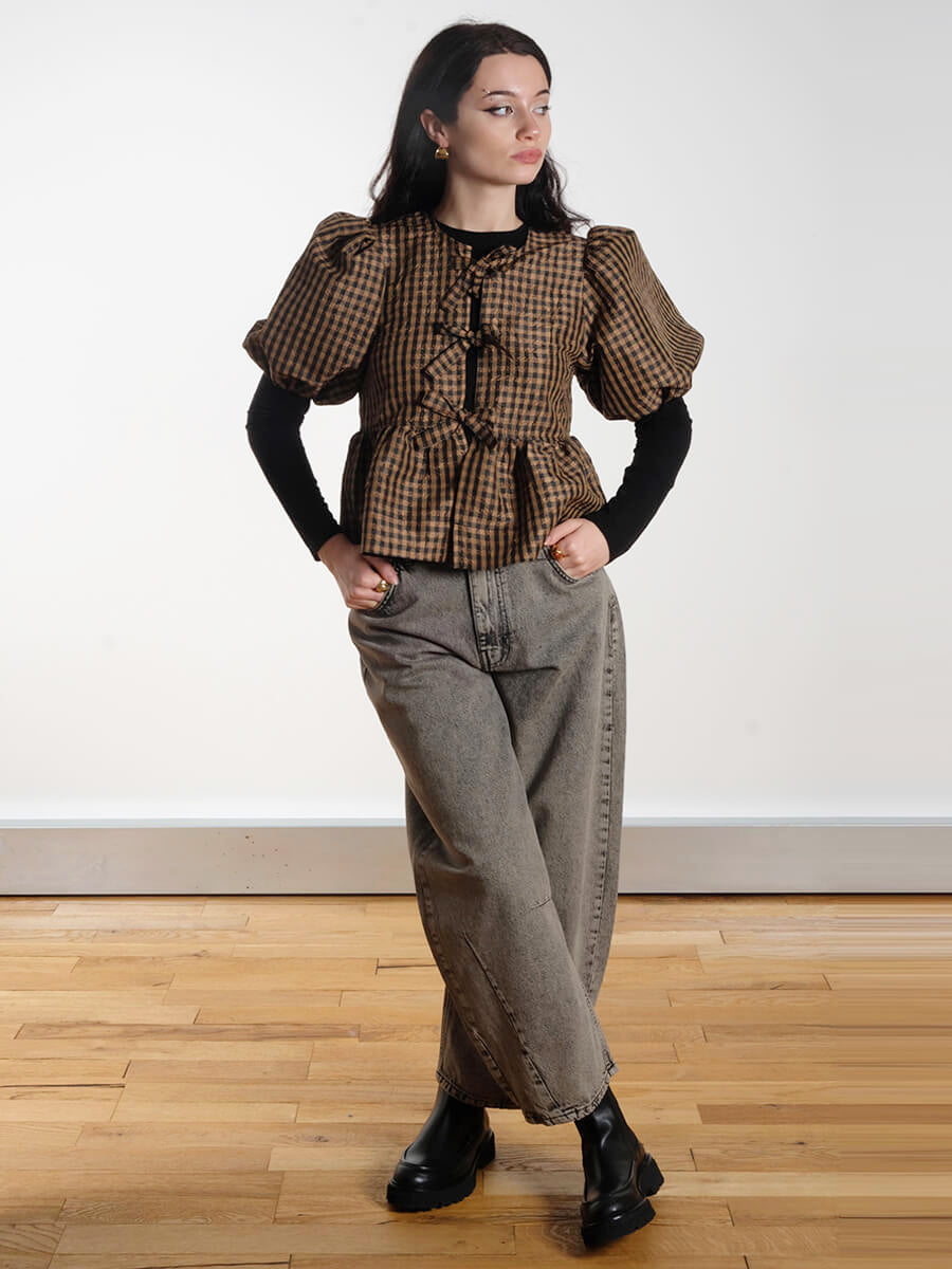 Crinkled Check Blouse - Tobacco Brown