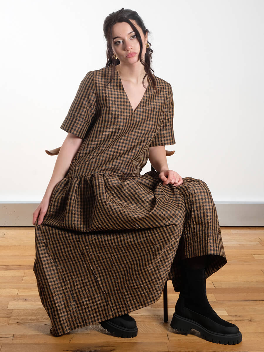 Crinkled Check Long Dress - Tobacco Brown