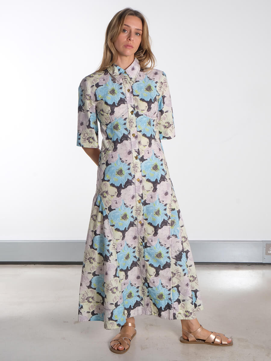 Floral Printed Cotton Long Shirt Dress