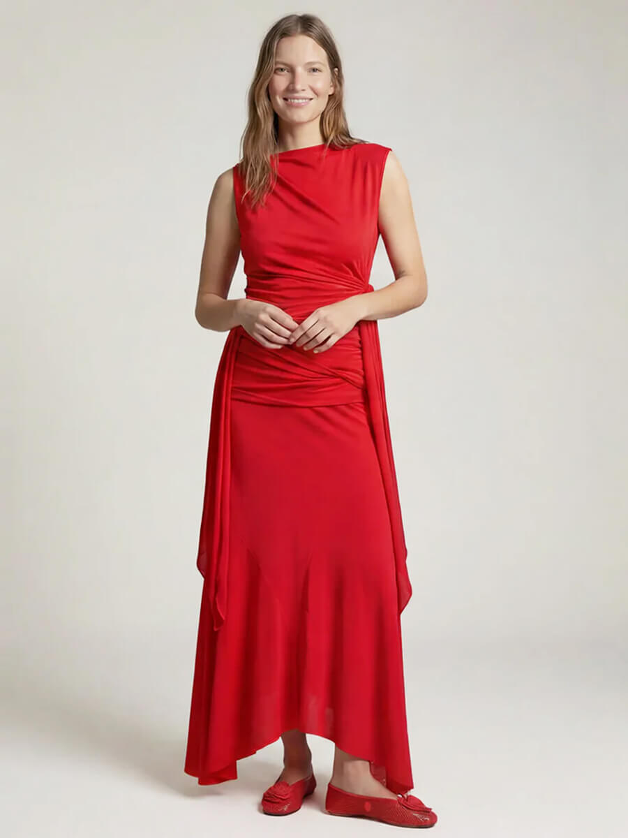 Marl Mesh Draped Long Skirt - Goji Berry