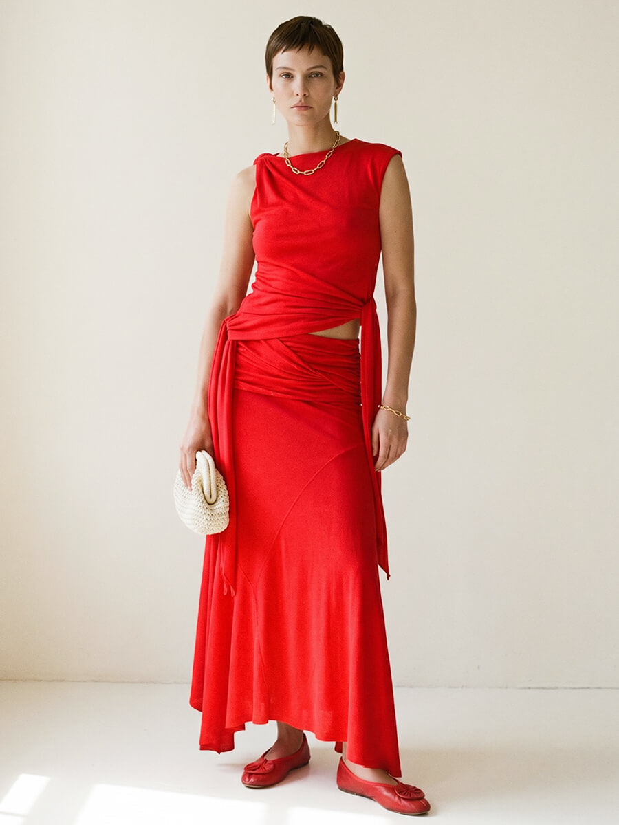 Ganni Marl Mesh Draped Long Skirt - Goji Berry