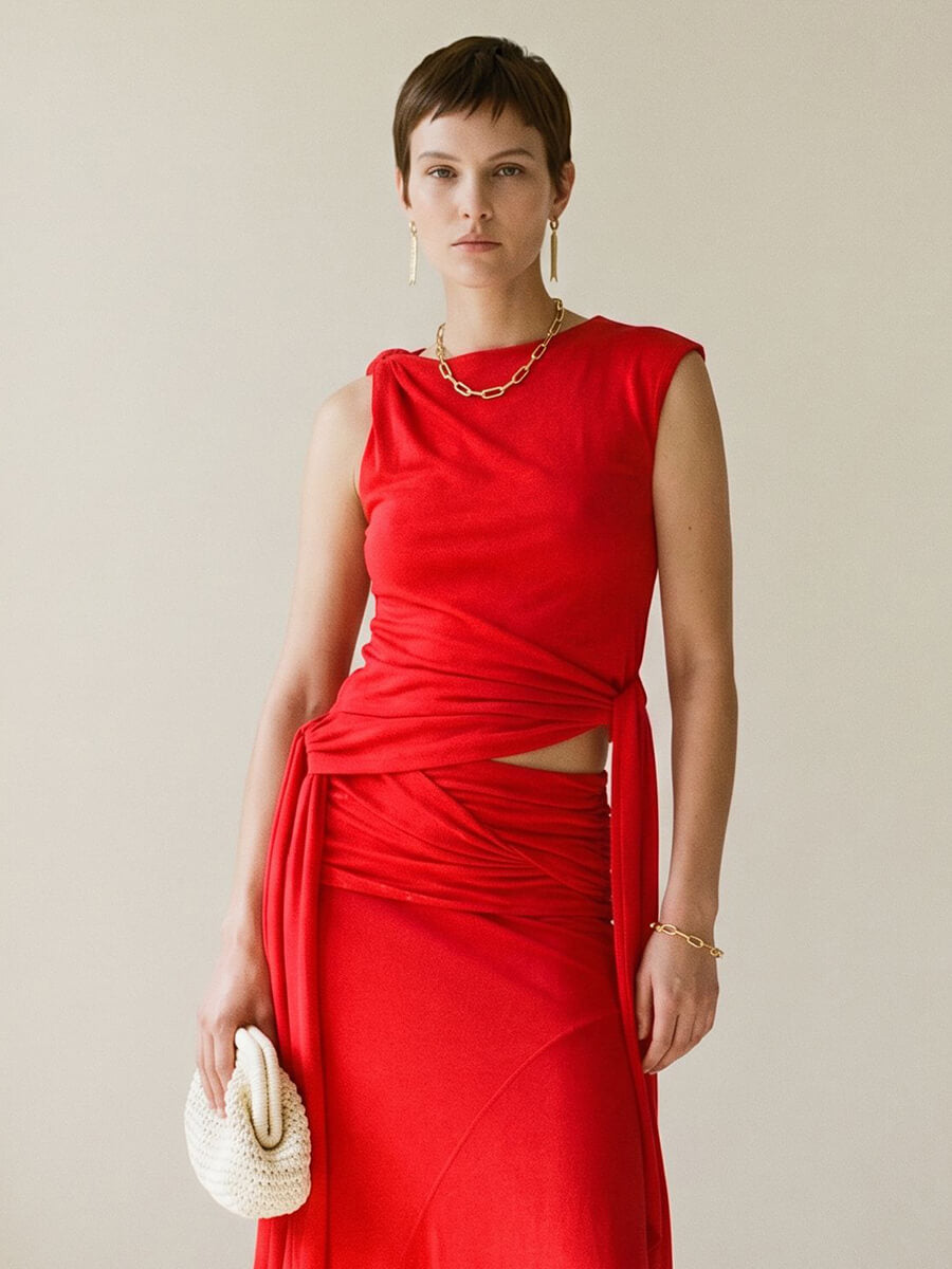 GANNI
Marl Mesh Tie Knot Top - Goji Berry