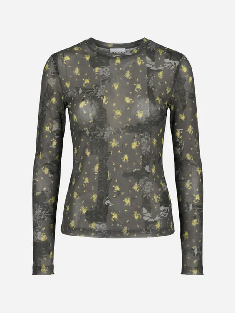 GANNI
Printed Marl Mesh Long-Sleeve Top - Black Sand