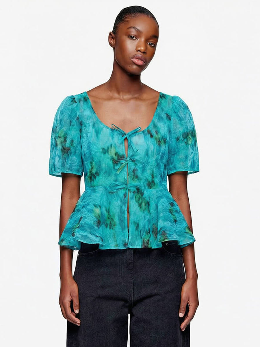 GANNI
Printed Shibori Organza Peplum Blouse - Baltic