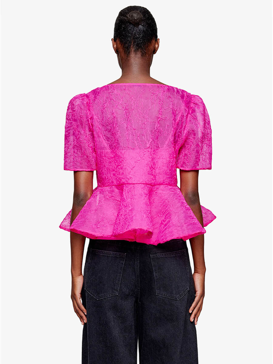 GANNI
Printed Shibori Organza Peplum Blouse - Rasberry Rose