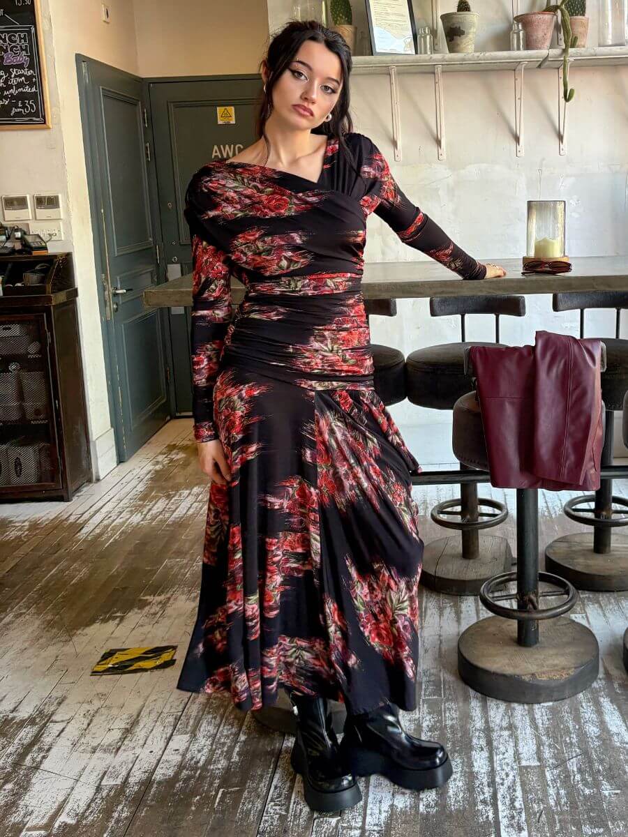 GANNI Printed Shiny Jersey Ruched Long Dress