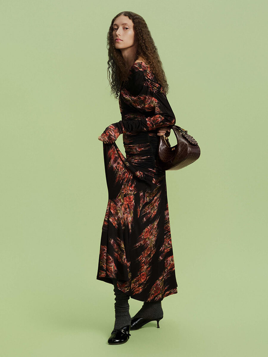 GANNI
Printed Shiny Jersey Ruched Long Dress