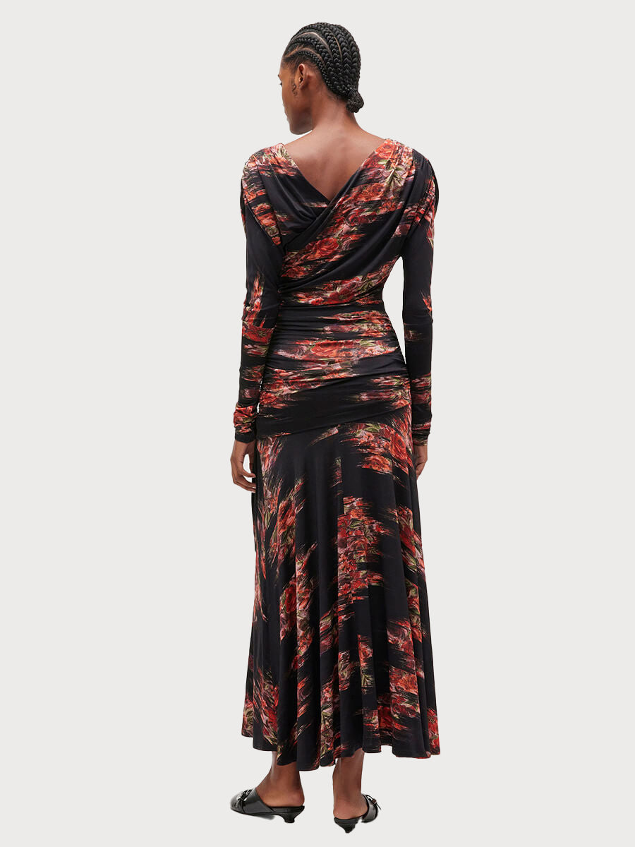 GANNI Printed Shiny Jersey Ruched Long Dress