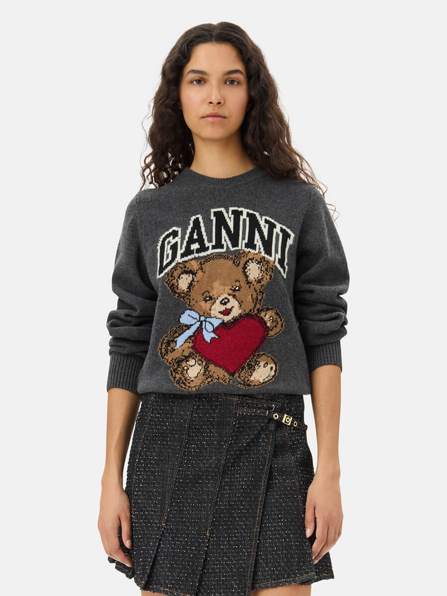 Ganni-Dark-Grey-Graphic-Bear-Jumper