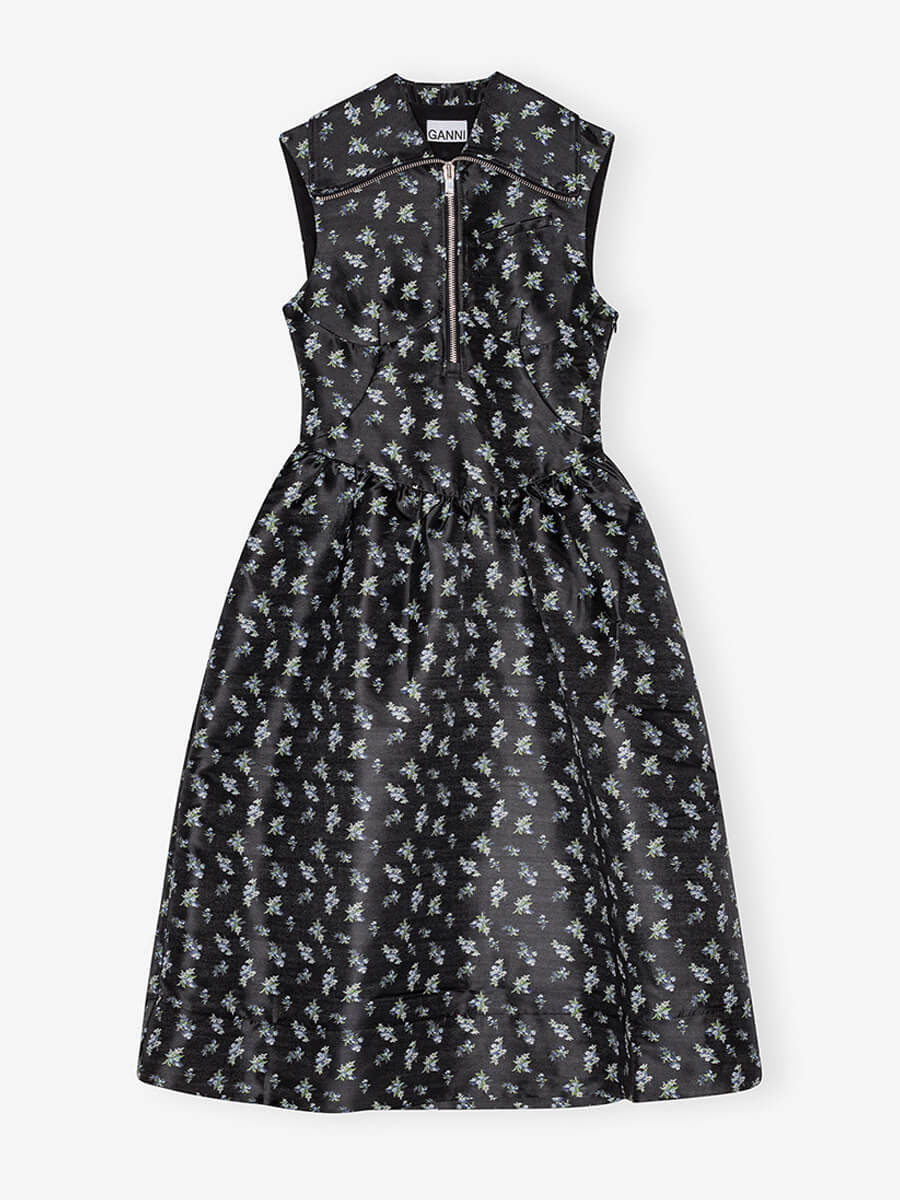 Ganni Black Floral Jacquard Midi Dress