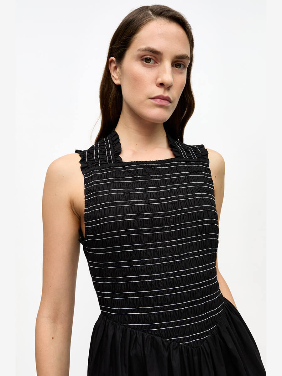 Black Washed Stretch Cotton Smock Midi Dress