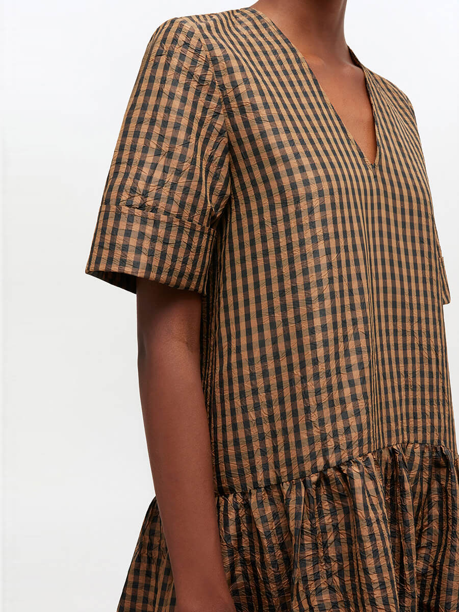 Ganni Crinkled Check Long Dress - Tobacco Brown