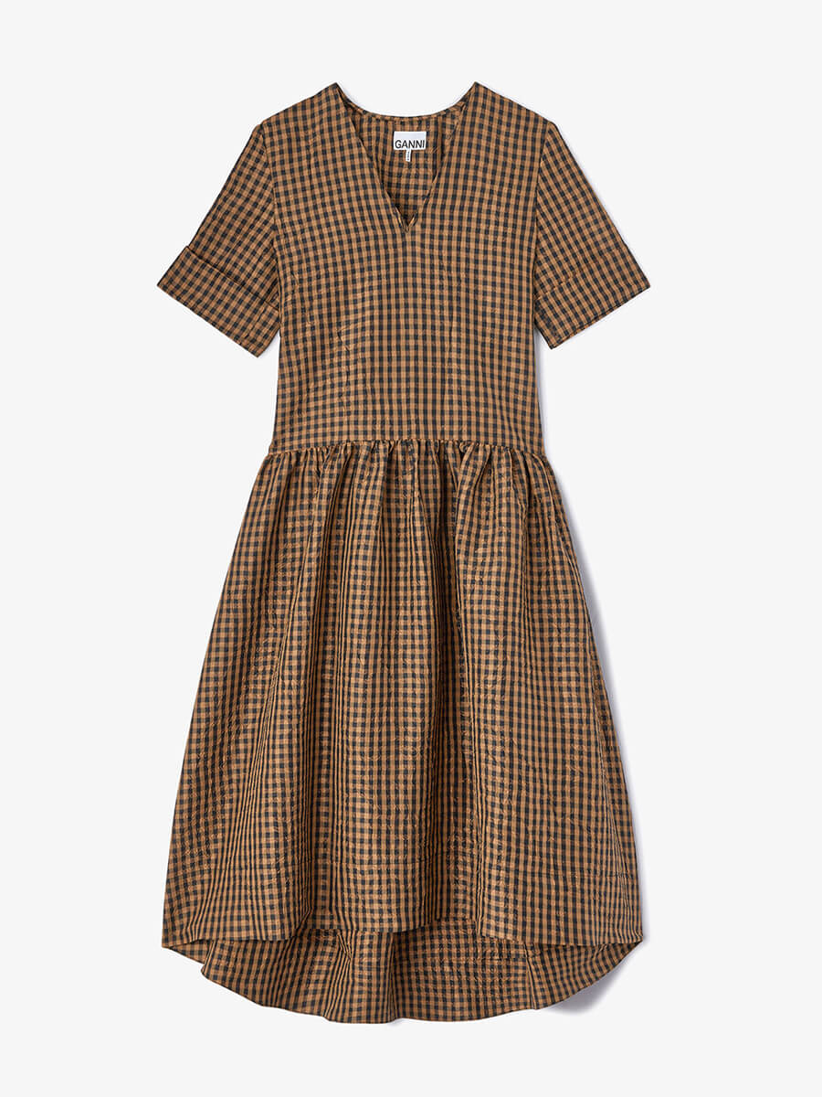 Ganni Crinkled Check Long Dress - Tobacco Brown
