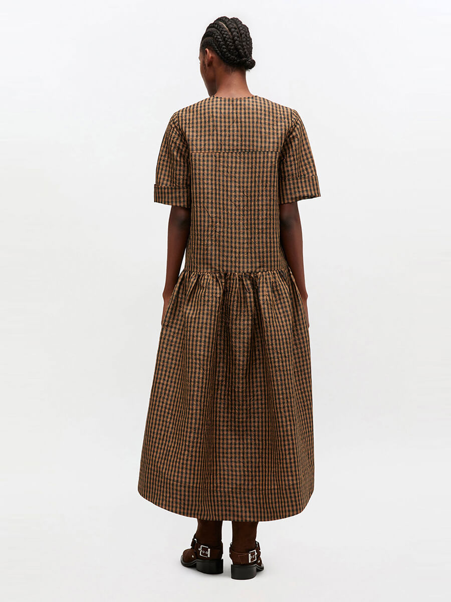 Ganni Crinkled Check Long Dress - Tobacco Brown