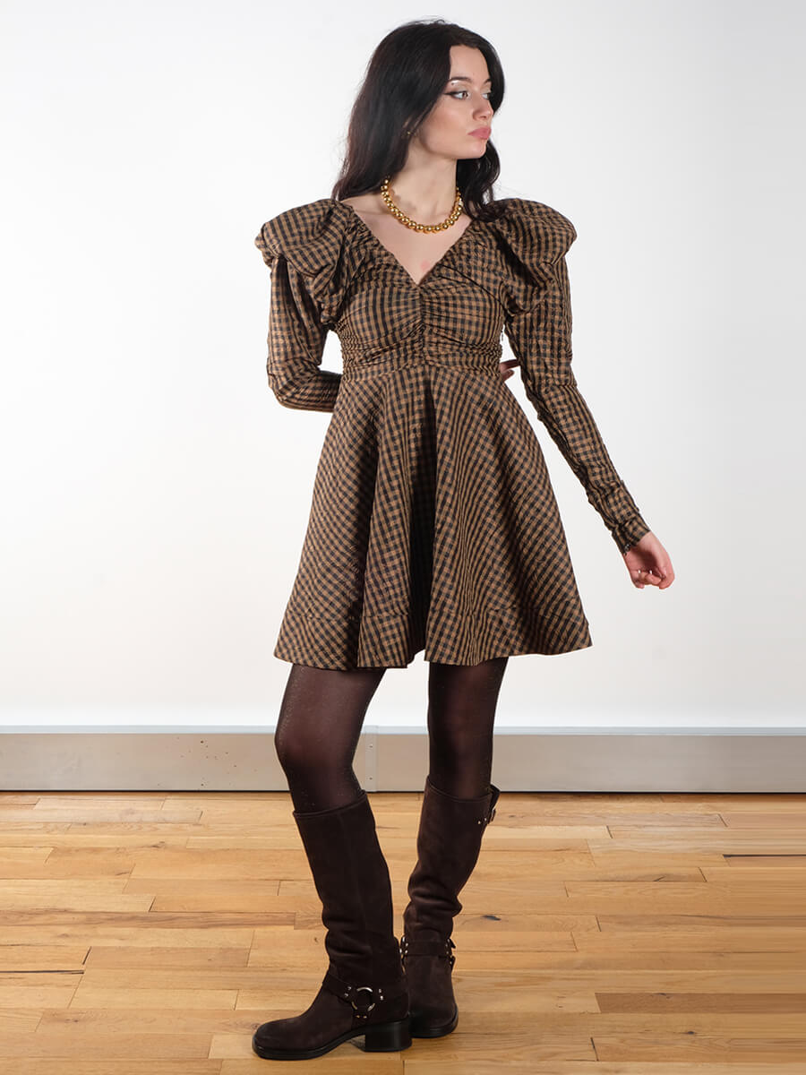 Ganni Crinkled Check Mini Dress - Tobacco Brown