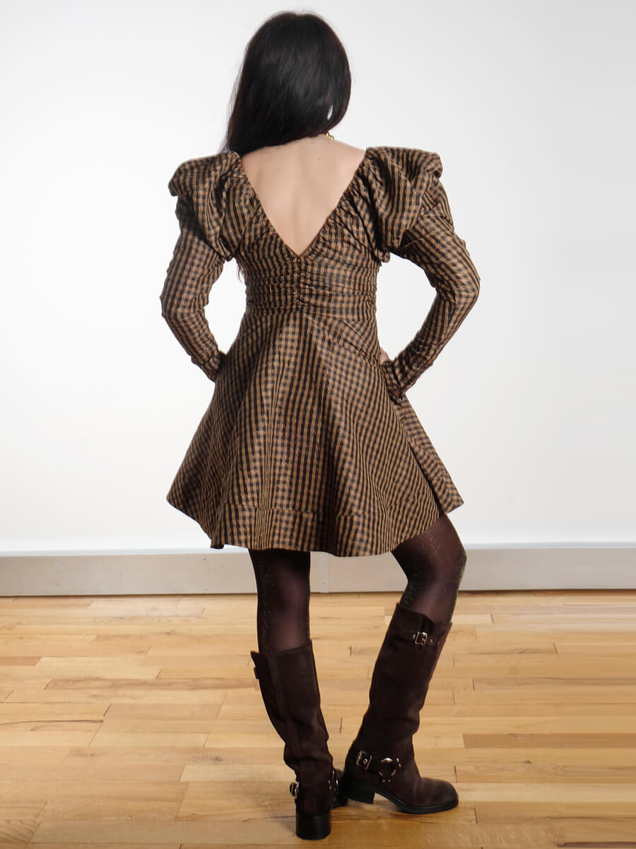 Ganni Crinkled Check Mini Dress - Tobacco Brown