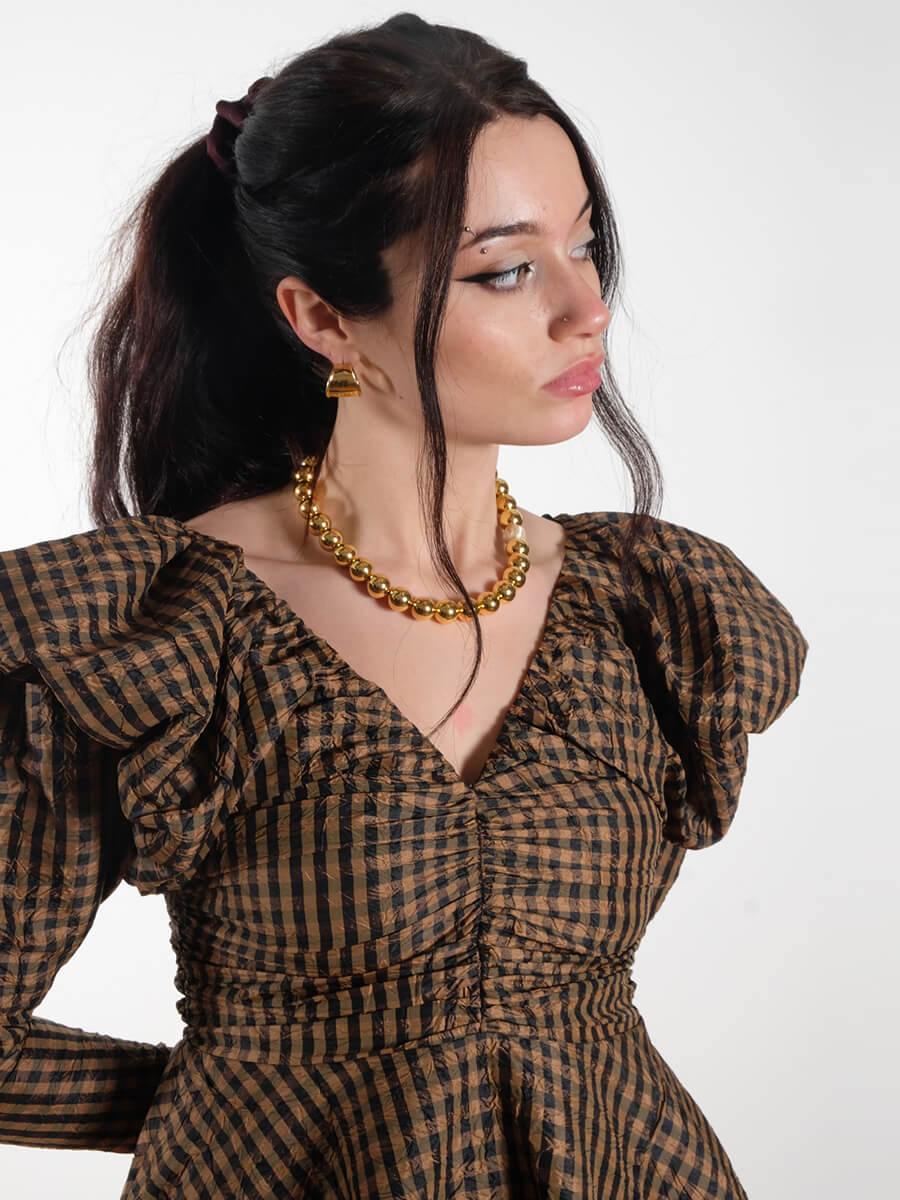 Ganni Crinkled Check Mini Dress - Tobacco Brown