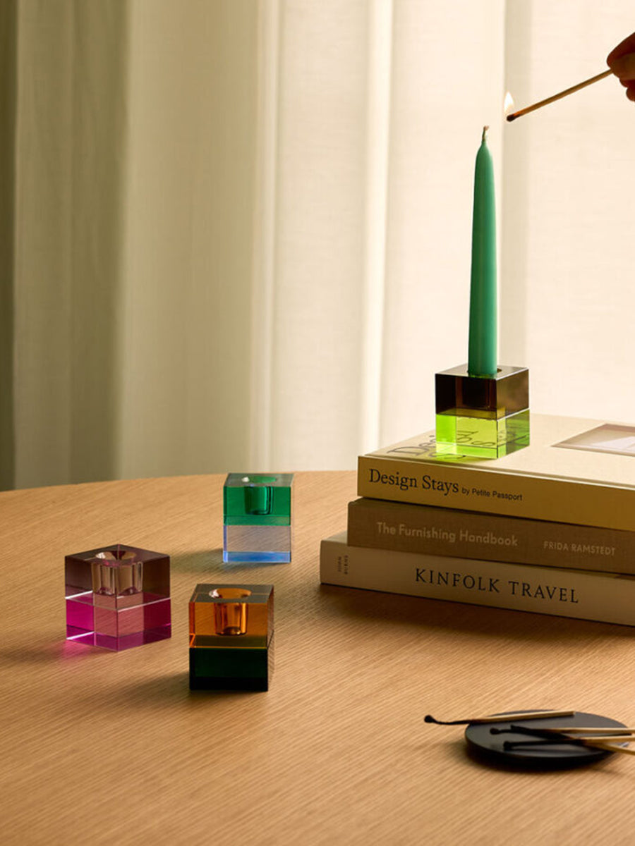 Hubsch Block Candlesticks - Brown:Green & Grey:Pink - Set of 2