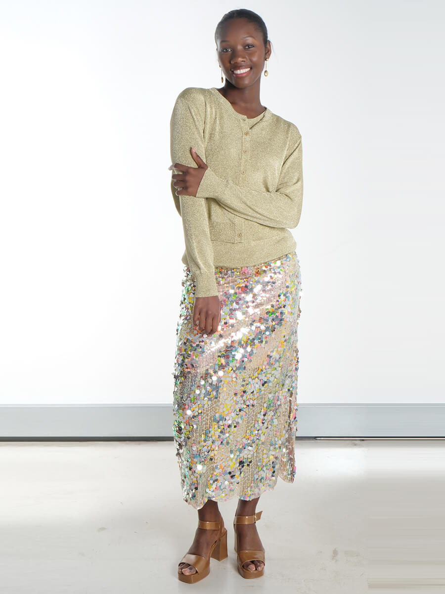 Hunkon - Blaze Sequin Skirt
Munthe - Parli Cardigan - Gold
Munthe - Parkster Knit - Gold