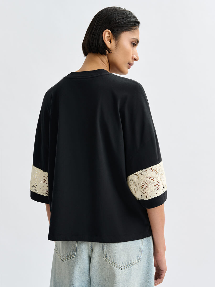 ESSENTIEL ANTWERP Jemix Striped Lace T-Shirt - Black and Off White