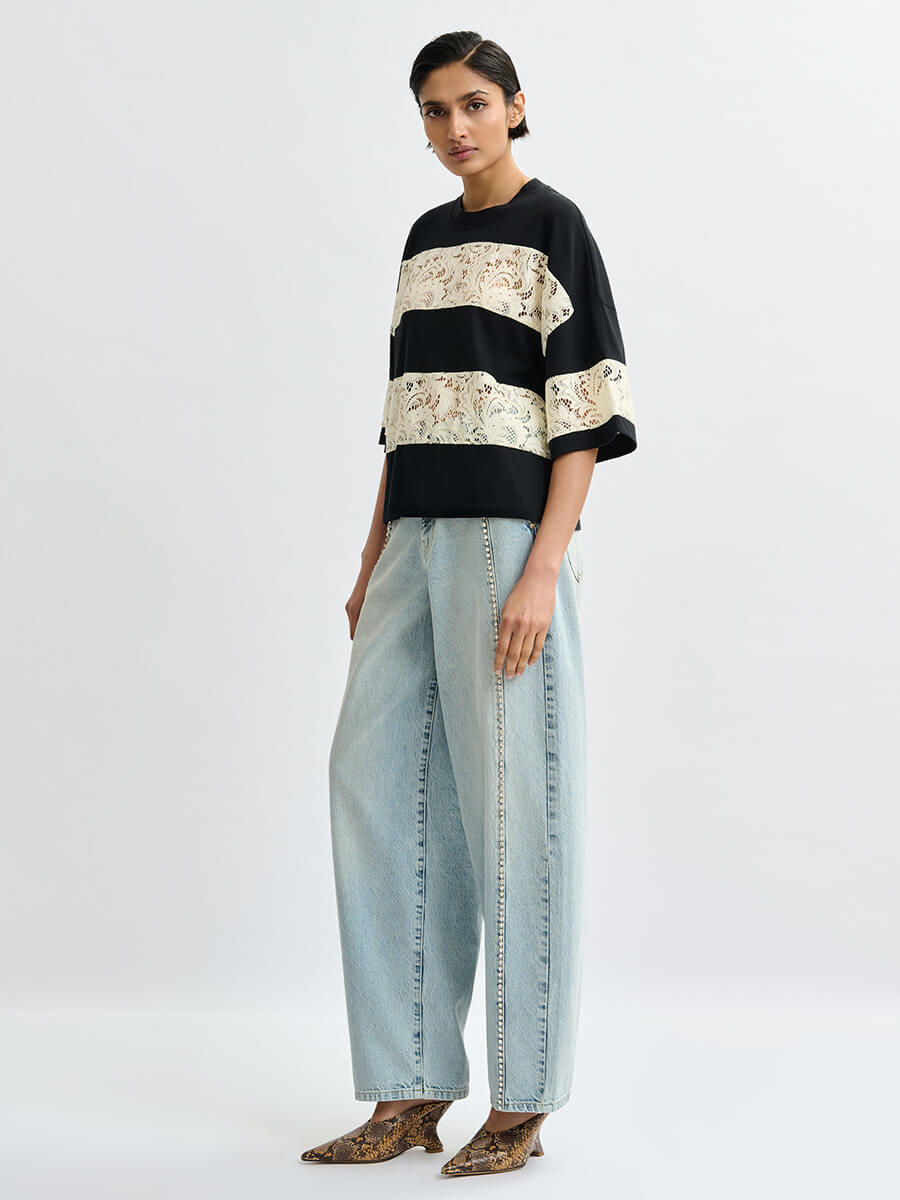 ESSENTIEL ANTWERP Jemix Striped Lace T-Shirt - Black and Off White