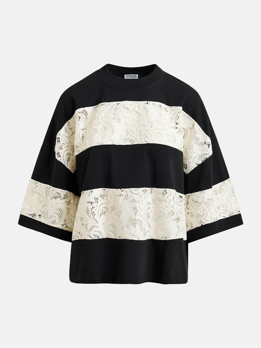 ESSENTIEL ANTWERP Jemix Striped Lace T-Shirt - Black and Off White