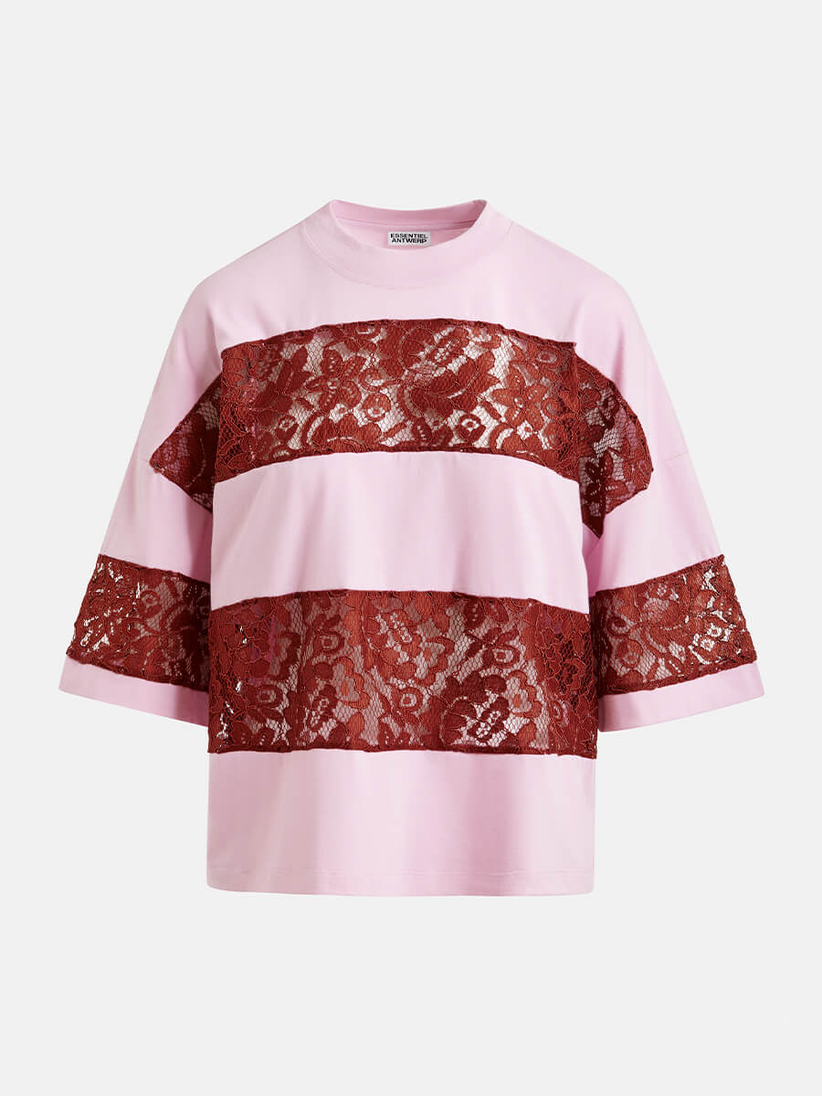 Essentiel Antwerp Jemix Striped Lace T-Shirt - Pink and Burgundy