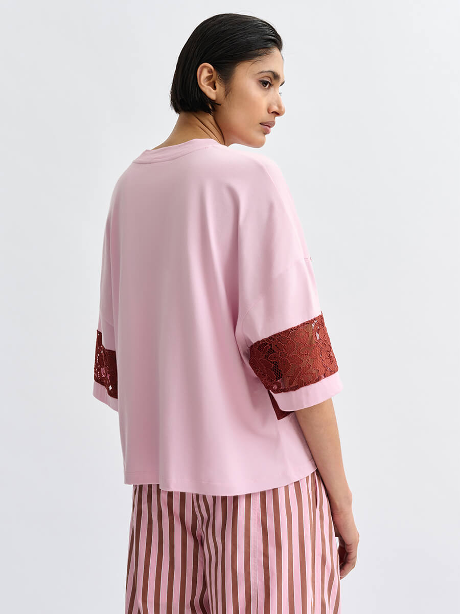 Essentiel Antwerp Jemix Striped Lace T-Shirt - Pink and Burgundy