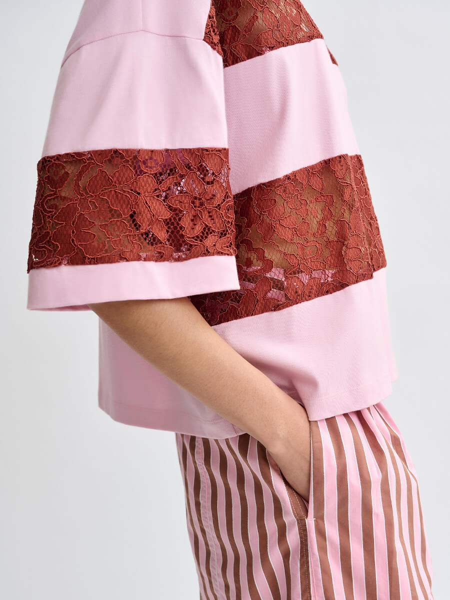 Essentiel Antwerp Jemix Striped Lace T-Shirt - Pink and Burgundy