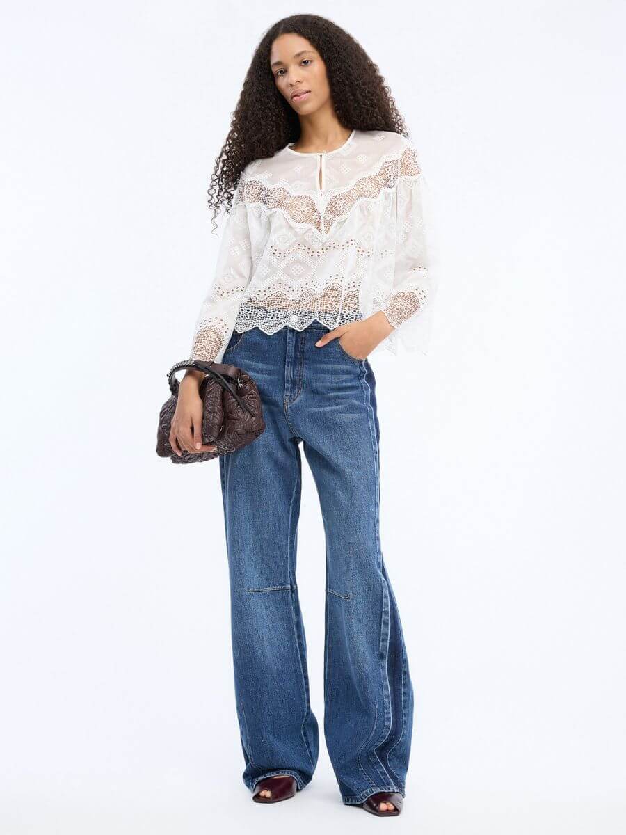 Munthe - Bohdi Jeans - Indigo styled with white floaty lace top, patent peep toe flats and leather embossed pattern clutch bag