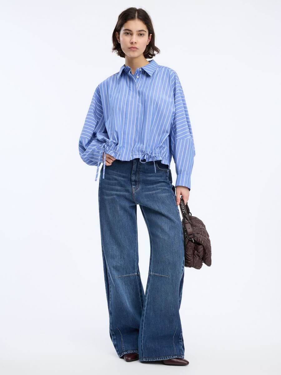 Munthe - Bohdi Jeans - Indigo styled with classic blue shirt with white pin stripes