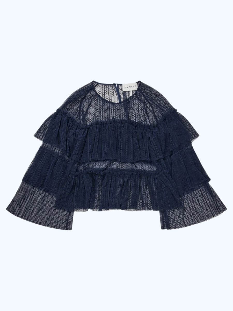 Munthe - Naria Top - Navy product shot showing off the wide sleeves and cropped length