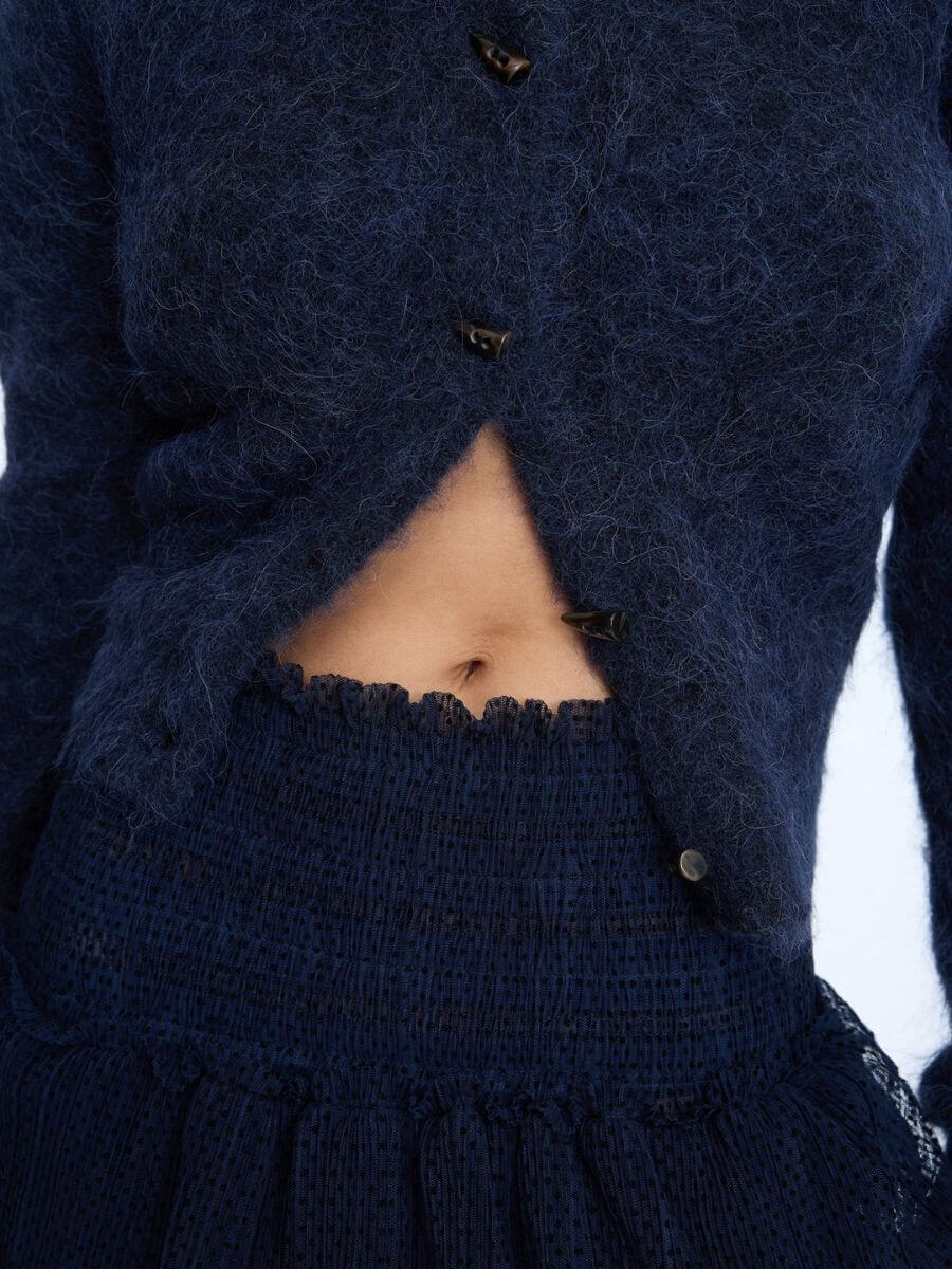 Munthe - Nessarose Skirt - Navy close up of smocked waist