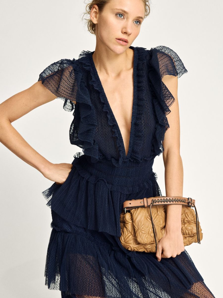 Munthe - Noriz Dress - Navy styled with brown leather, slouchy, embossed clutch bag