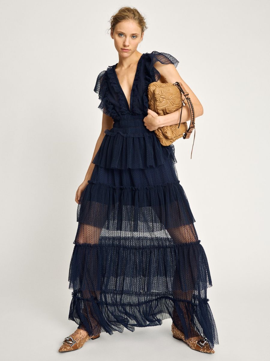Munthe - Noriz Dress - Navy styled with brown leather, slouchy, embossed clutch bag and brown patterned pointed-toe, low block heels with silver buckle