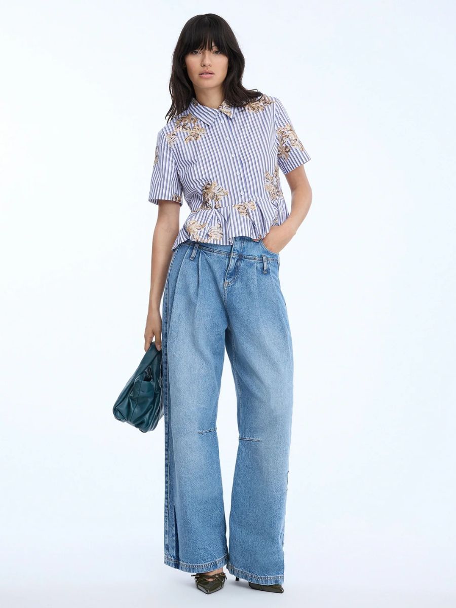 Munthe - Nuriana Top - Stripe White styled with light blue wide leg jeans, petrol blue leather slouchy handbag and pointed toe kitten heels