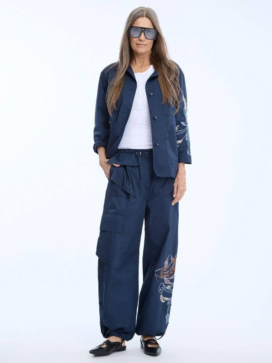 Munthe - Unform Pants - Navy - styled with white tee, black leather pointed toe sligbacks, oversized aviator sunglasses and lightweight navy jacket